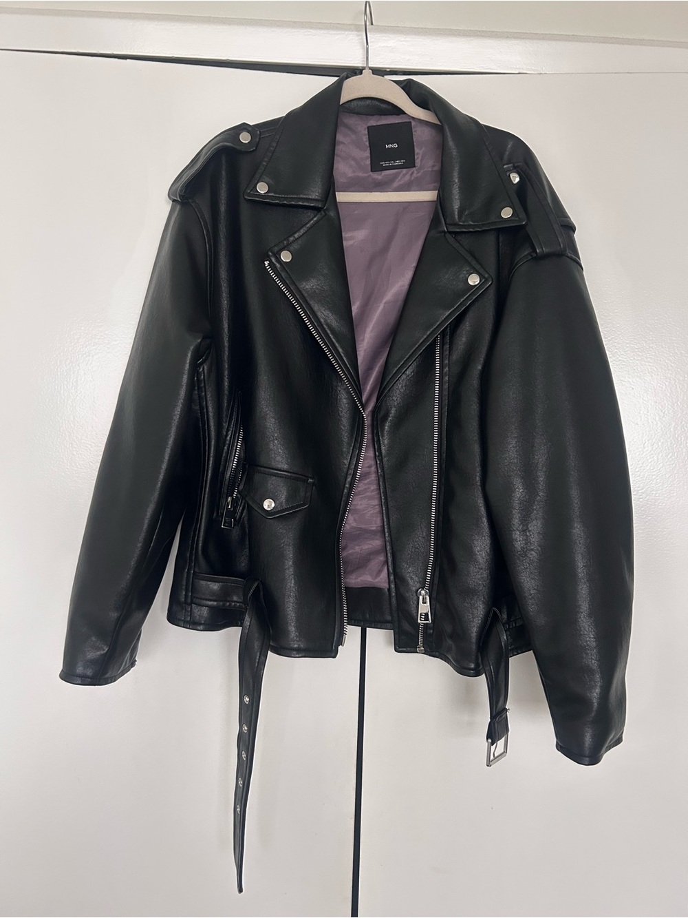 Mango Black Faux Leather Moto Jacket with Belted Hem